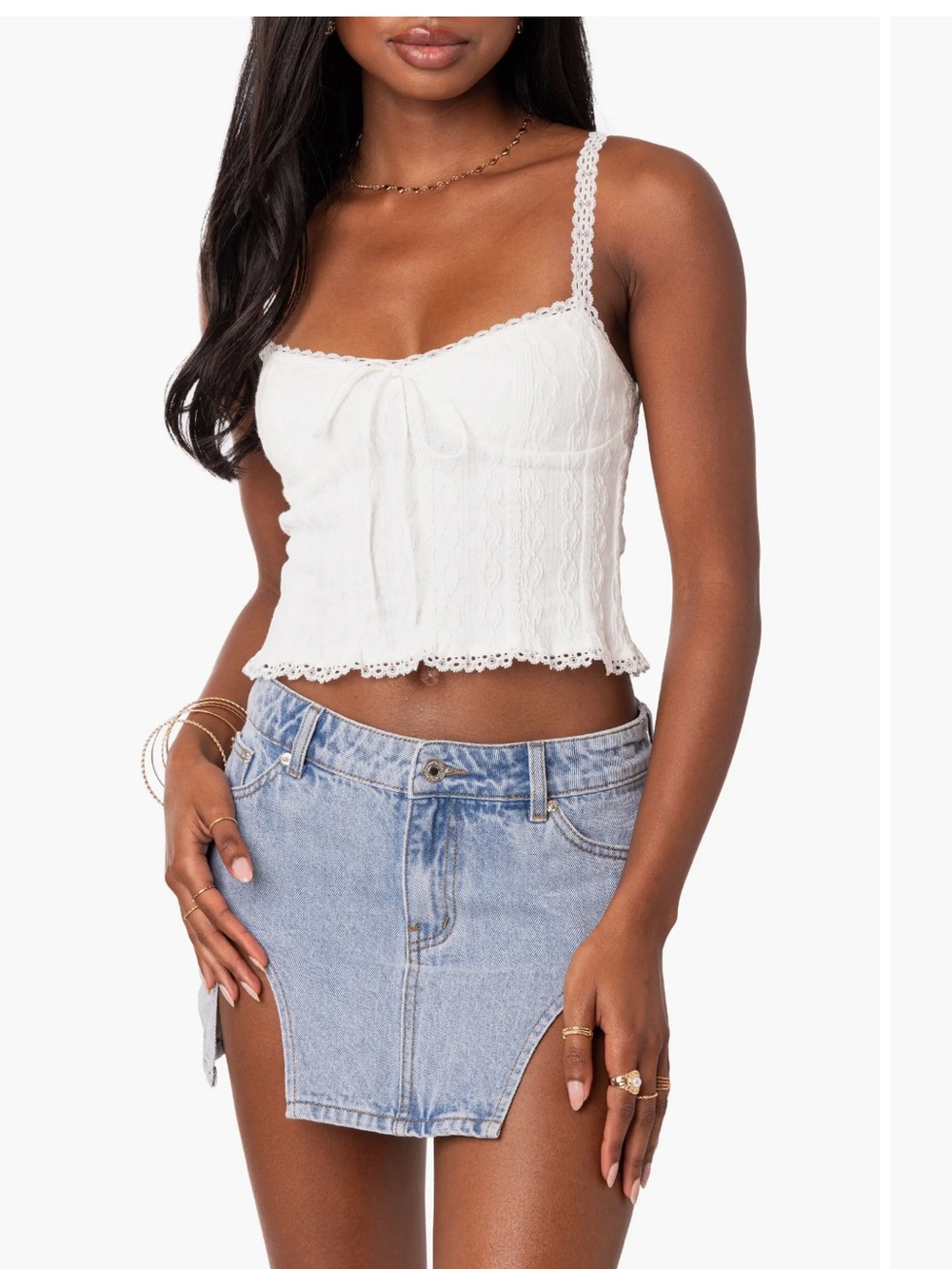 EDIKTED White Lacy Cropped Tank with Scallop Trim